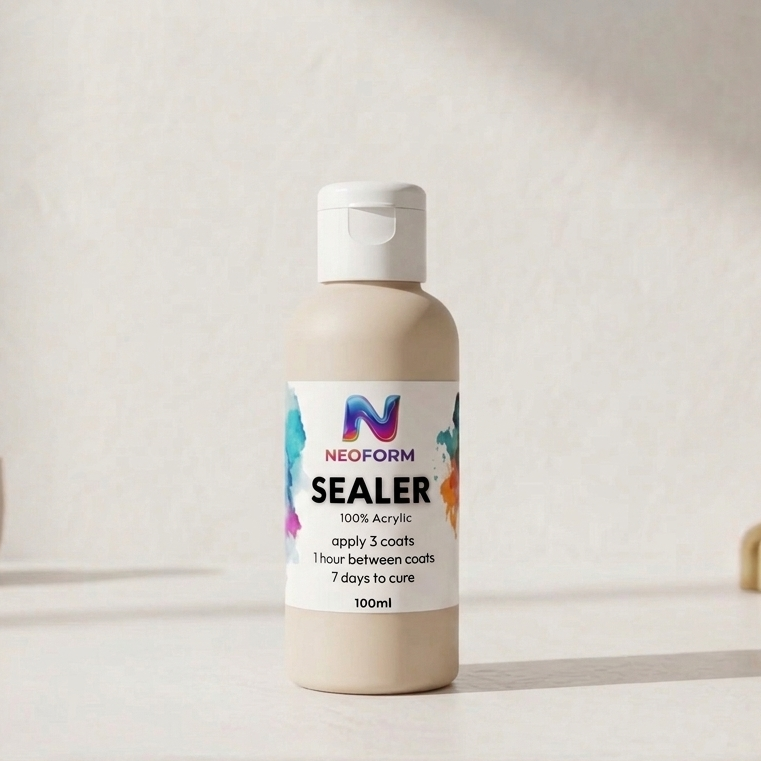 Bottle of Neoform Sealer on a neutral background with decorative items.